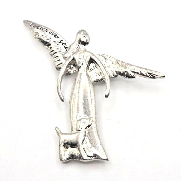 "I watch over you" Pewter Angel with Dog Silver Tone Christian Brooch / Pin - Picture 3 of 6